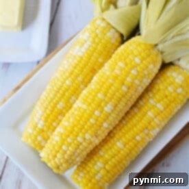 Three ears of corn, nestled with their husks on a white plate, await their transformation into buttery perfection. In the background, the butter stands ready to enhance this savory delight. Perfectly cooked corn on the cob is just moments away from the ovens gentle warmth.