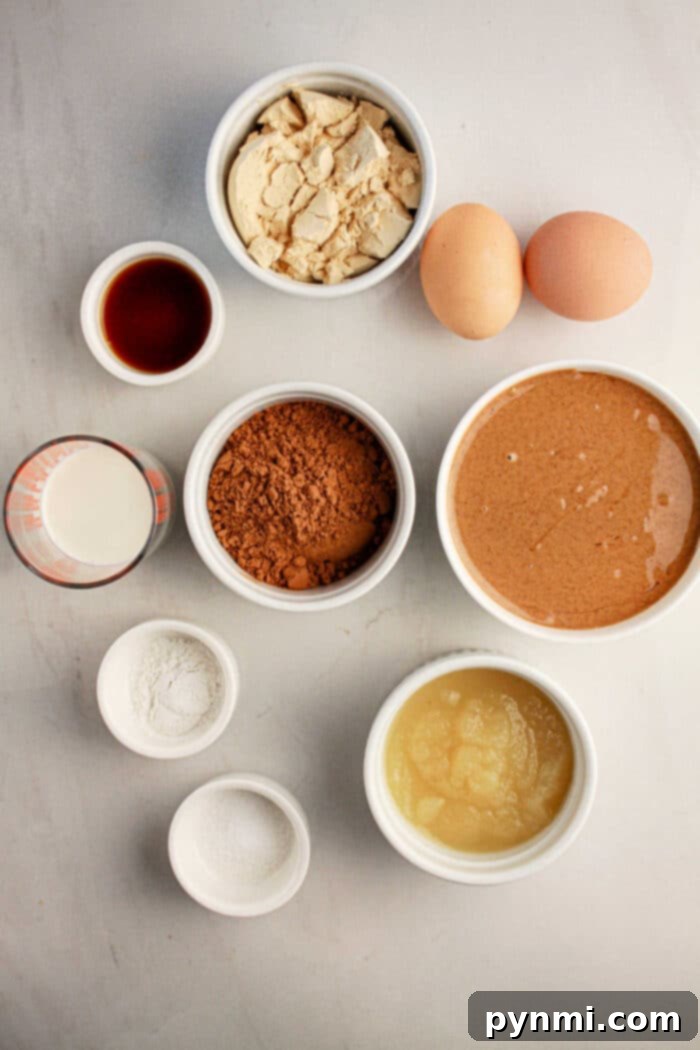 Protein-Packed Perfection Brownies 3 Ingredients for a protein brownie recipe on the table: two eggs, vanilla, coconut flour, cocoa, peanut butter, milk, applesauce, baking powder, and salt.