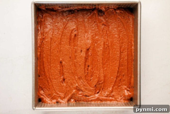 Protein-Packed Perfection Brownies 5 Protein-packed brownie batter spread evenly in a square metal baking pan.