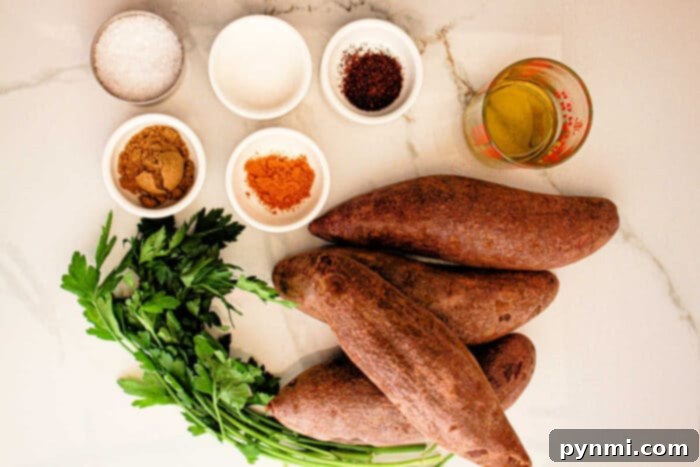 On a marble surface lay small bowls brimming with vibrant sweet potatoes, fresh parsley, and savory seasonings, setting the stage for a delightful recipe that could easily feature the rich hues of the purple sweet potato.