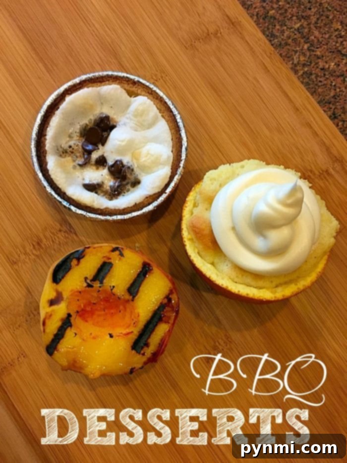 Assortment of Delicious BBQ Desserts An appetizing display of diverse BBQ dessert recipes, including finished S'mores pies, golden grilled peaches, and creative orange zest cupcakes, ready for a summer gathering.