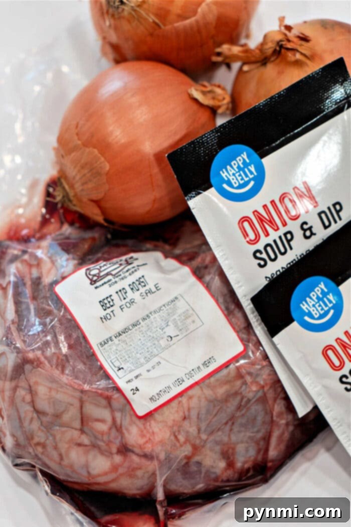 A delicious blend of packaged beef tip roast and savory onion soup mix packets, complemented by fresh onions, awaits on the kitchen counter.