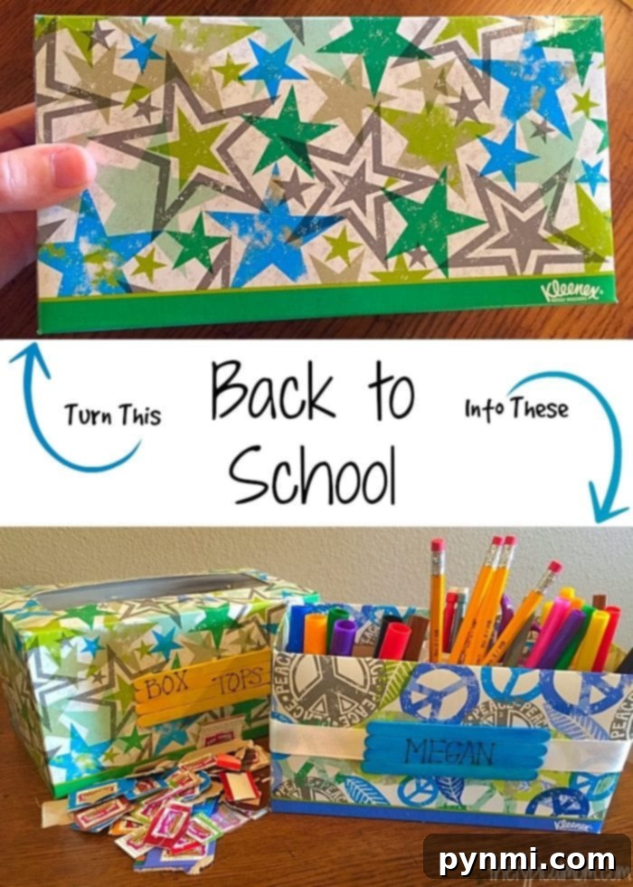 Give Kleenex Boxes a Second Life 2 Creative repurposing of Kleenex boxes into a vibrant school desk organizer with empty toilet paper rolls, promoting back-to-school organization.