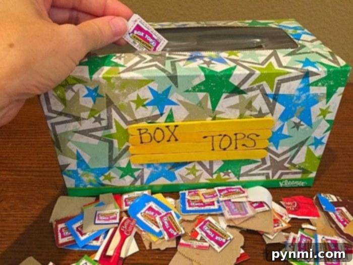 Give Kleenex Boxes a Second Life 5 A creatively decorated Box Tops for Education collection container made from a repurposed tissue box, ready for school contributions.