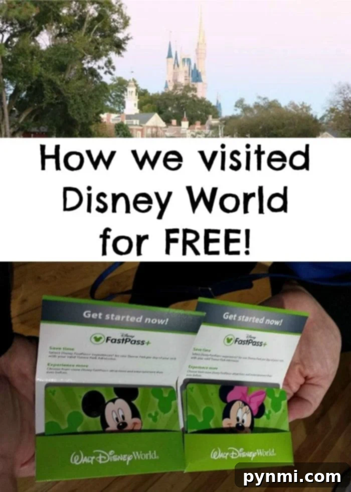 Discover how to visit Disney World for free! Two hands clutch Disney World FastPass+ brochures adorned with Mickey and Minnie Mouse. In the background, a majestic Disney castle stands tall. Text reads: Discover how to visit Disney World for FREE!