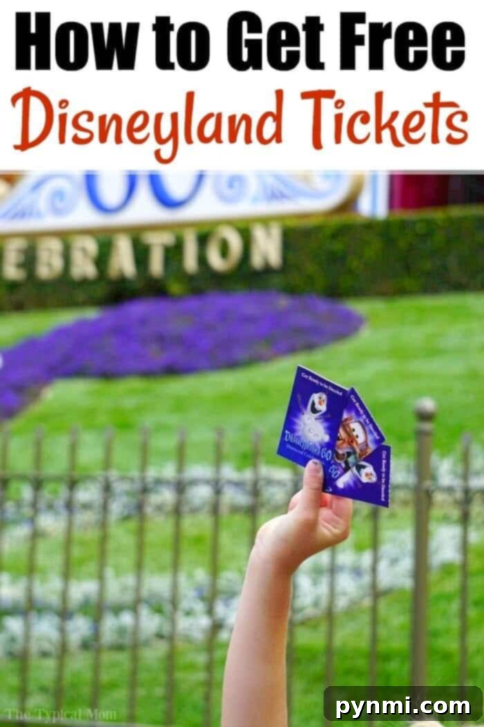 Your free ticket to Disneyland magic! A hand proudly holds Disneyland tickets, promising a magical experience, in front of a colorful floral display and the 60 Celebration sign. This moment captures the thrill of dreaming to travel for free into a world where enchantment awaits at every turn.