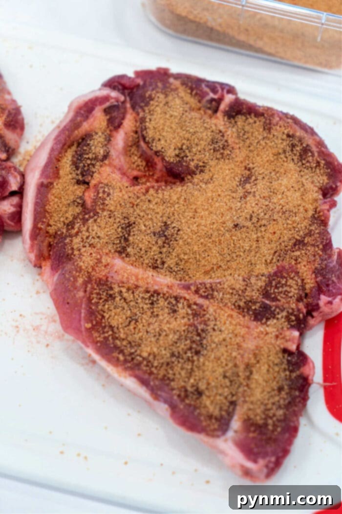 Raw pork shoulder steak generously sprinkled with a homemade dry seasoning rub on a wooden cutting board, showcasing the preparation stage.