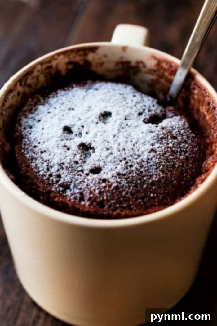 A close-up shot of a perfectly baked chocolate mug cake, showcasing its moist interior before any toppings are added.