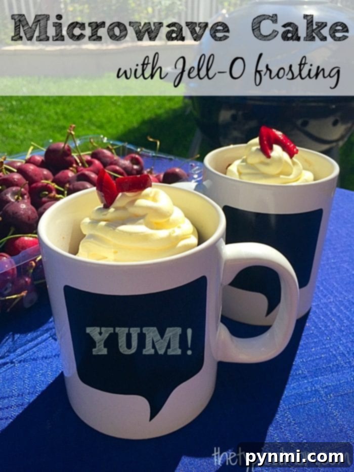 A charming mug cake with no milk, topped with a delicate swirl of frosting, ready for a delightful bite.