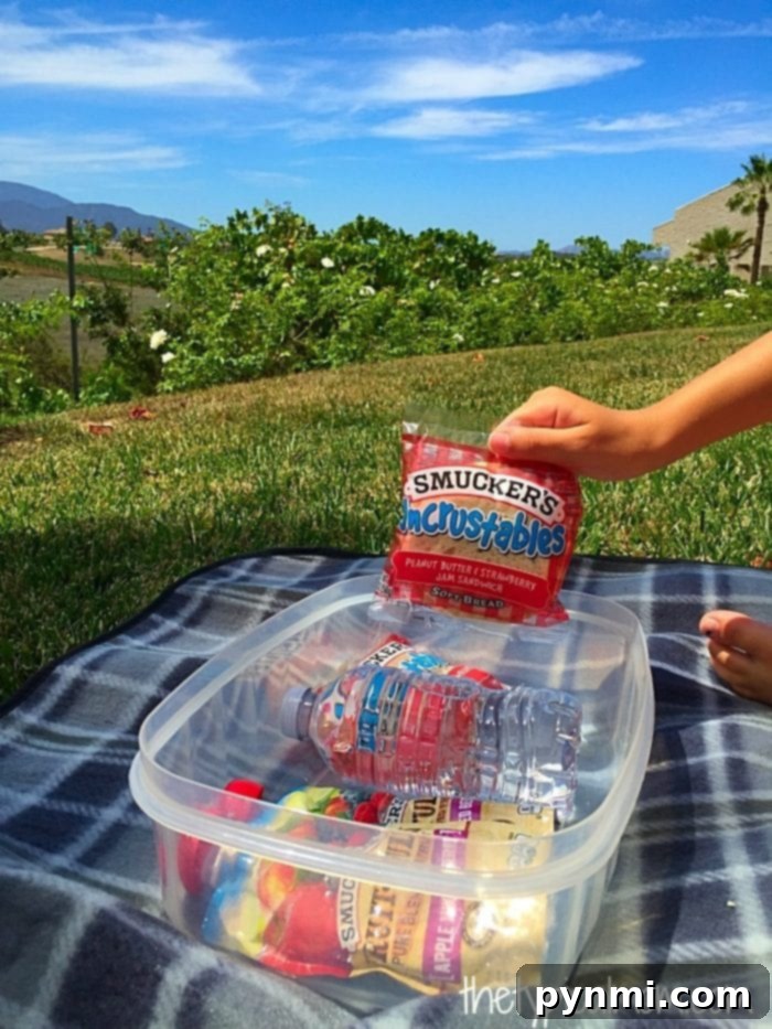 Family enjoying a staycation picnic with Smucker's Uncrustables and Fruit Fulls. A perfect inexpensive outdoor activity for kids and adults alike.