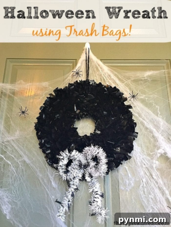 DIY Spooky Halloween Wreath from Garbage Bags: The Ultimate Budget Craft Spooky black DIY Halloween wreath made from repurposed garbage bags hanging on a door.