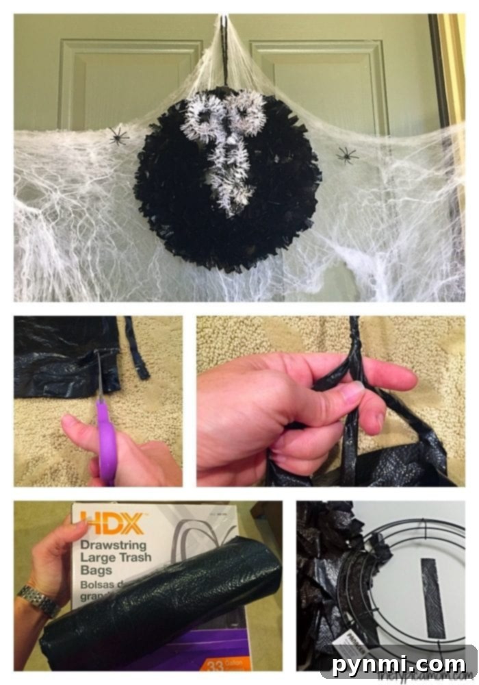 Finished DIY Halloween Wreath: A Repurposed Masterpiece for Your Door A stunning, fully decorated DIY Halloween wreath made from black trash bags, hanging on a rustic wooden door.