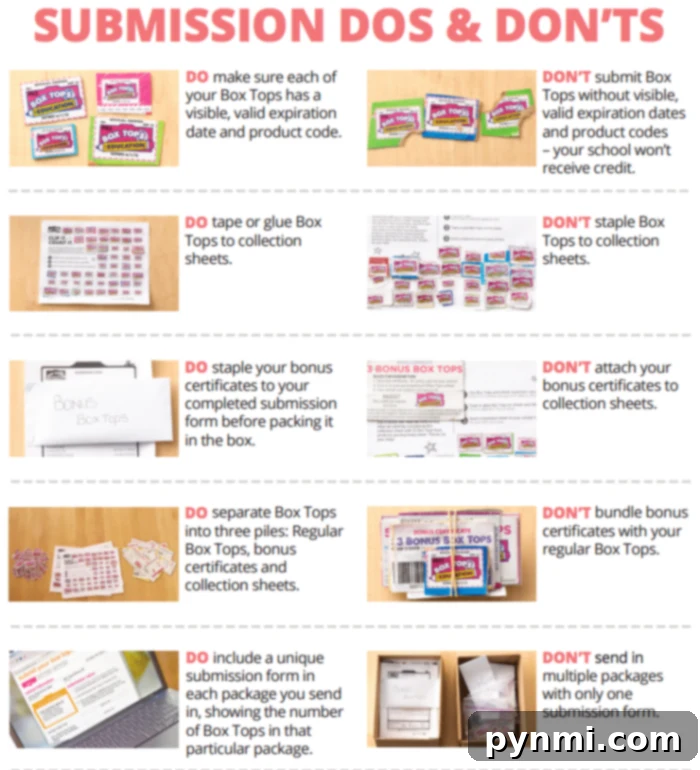 A collection sheet for Box Tops for Education, showing a visual guide on how to collect and submit them.