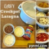 Ingredients and steps for an easy crockpot lasagna recipe are displayed with a crockpot and food prep in a collage layout.