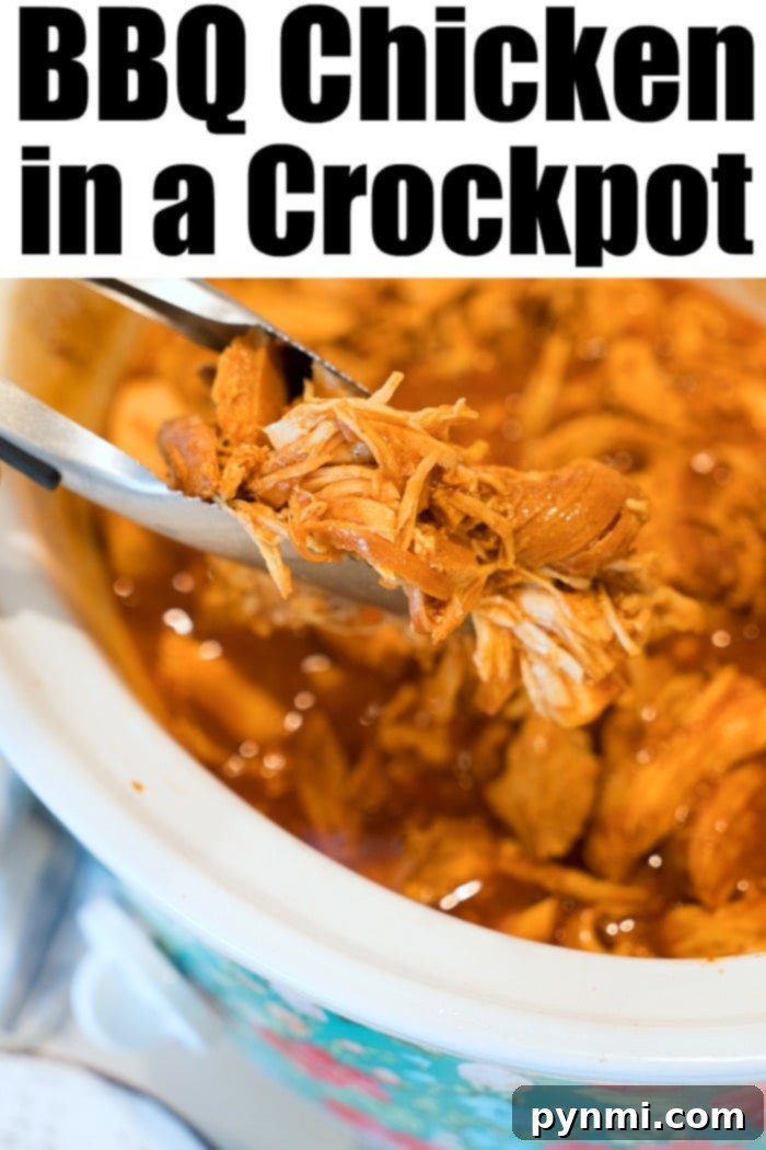 Incredibly tender shredded chicken in a Crockpot, perfect with 3 ingredients. Crockpot BBQ Chicken Recipe, shredded and ready to serve