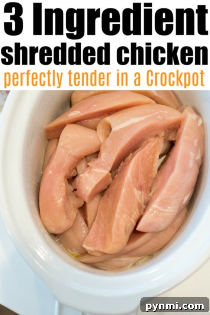 Crockpot shredded chicken is amazing, made with simple ingredients. Crockpot shredded chicken in a bowl, ready to be served