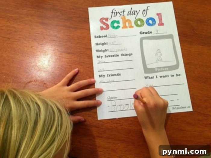 Free printable first day of school paper for memory book crafting