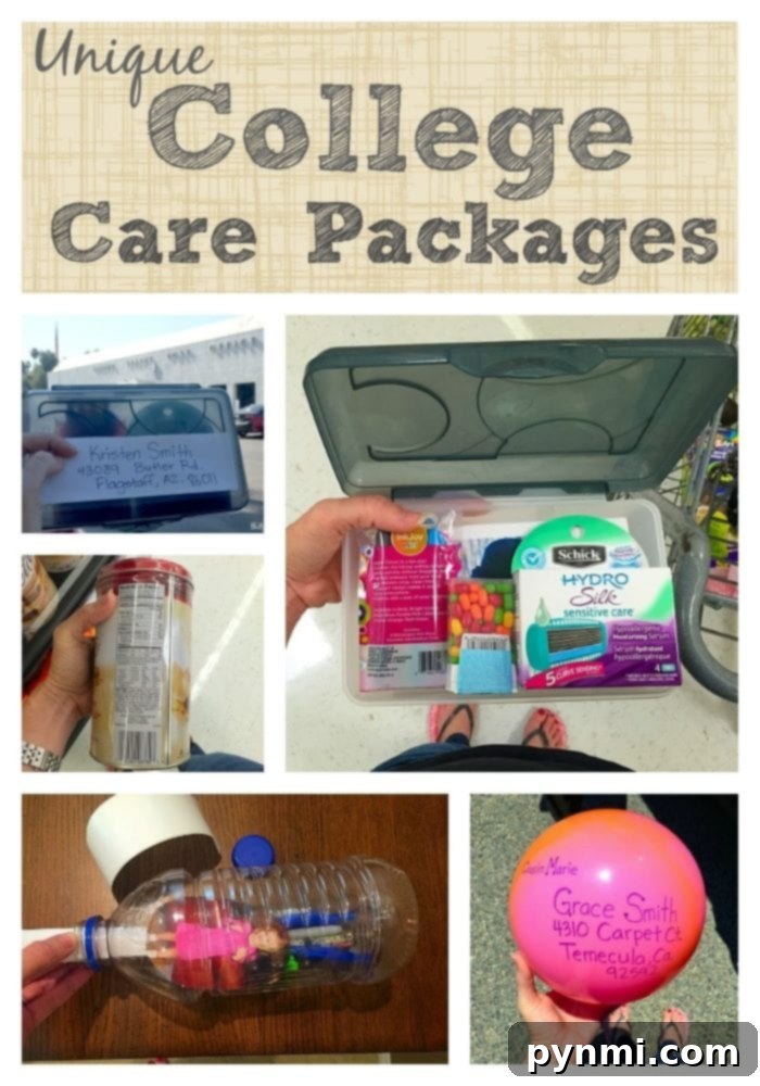 Here are many creative care package ideas that are easy to do and inexpensive to send. Using containers you have at home you can make a unique gift to send thru the mail. Whether you're creating a college or military care package these will make them smile fro ear to ear. Compilation of creative and unique care package ideas