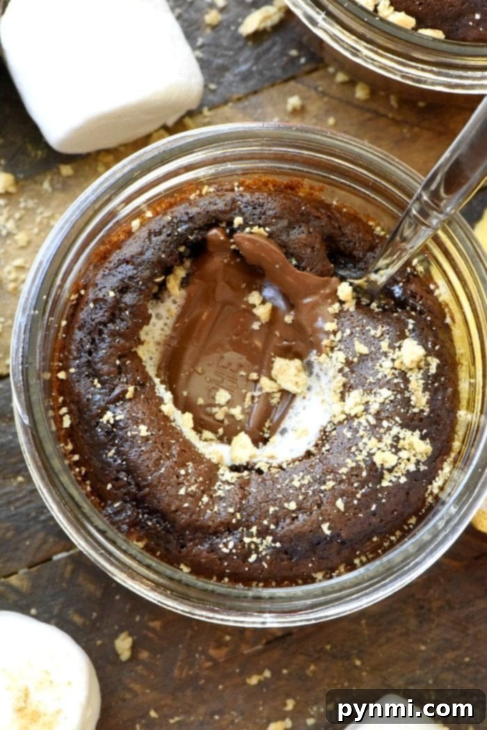 S'mores in a jar! Decadent chocolate, graham crackers and marshmallows in mini mason jars and no campfire is required! Close-up of S'mores in a jar, showcasing the layers of melted chocolate, toasted marshmallow, and graham cracker crumbs.