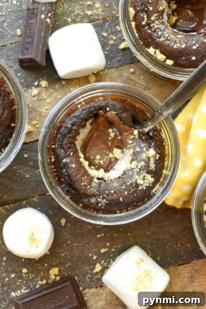 S'mores Layered Indulgence 3 Collection of baked s'mores in mason jars, beautifully arranged on a wooden surface, ready to be served.