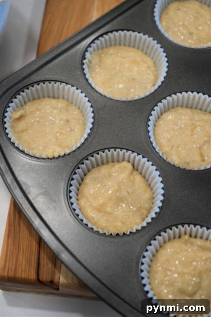 Easy Banana Muffins 3 Banana muffin batter in paper liners inside a muffin tin, ready to be baked—perfect for trying out your favorite Banana Muffin Recipe.