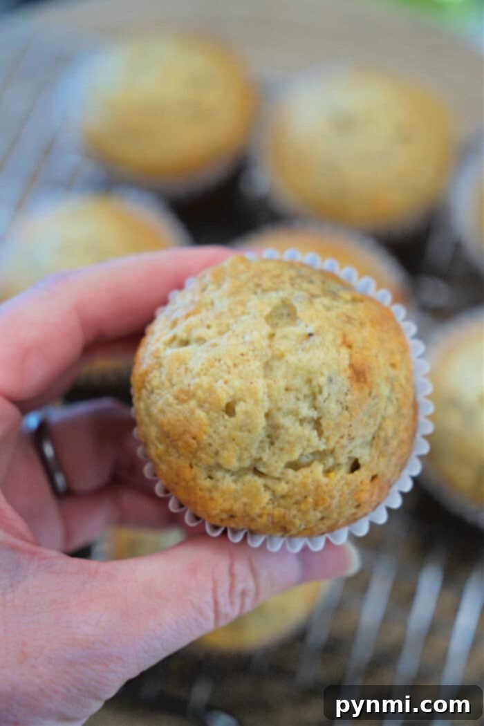 Easy Banana Muffins 5 A hand holds a freshly baked banana muffin in a white paper liner, with more banana muffins on a cooling rack behind.