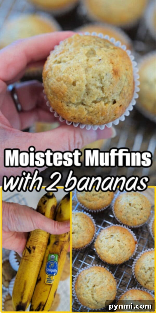 Easy Banana Muffins 7 A hand holds a banana muffin from a 2 Banana Muffin Recipe; below, bananas and more muffins cool on a wire rack.