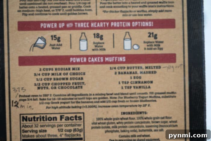 Wholesome Banana Power Muffins 3 Recipe instructions for Kodiak Power Cakes Banana Muffins with handwritten notes, including bake time and temperature.