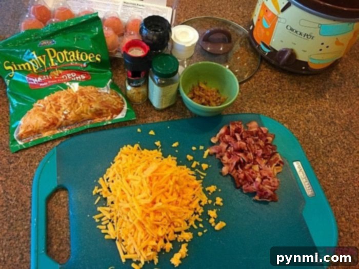 Slow Cooker Sunrise Casserole 5 Easy breakfast crockpot casserole, garnished with fresh parsley, presented in the slow cooker and ready to be served for a family meal.
