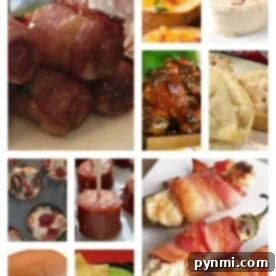 Collage of bacon-wrapped appetizers, dips, roll-ups, and sliders on various plates and trays—perfect football party food to please hungry fans.