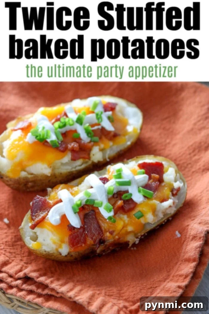 Twice stuffed potatoes appetizer. #appetizers Golden brown, crispy Twice Baked Potatoes, generously filled with a creamy cheese and chive mixture, making for an appetizing football party food.