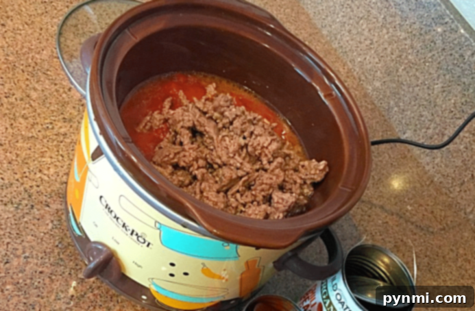 Ground beef and tomato sauce simmering in a Crock-Pot, reminiscent of slow cooker soup recipes, with empty cans scattered on the kitchen countertop.