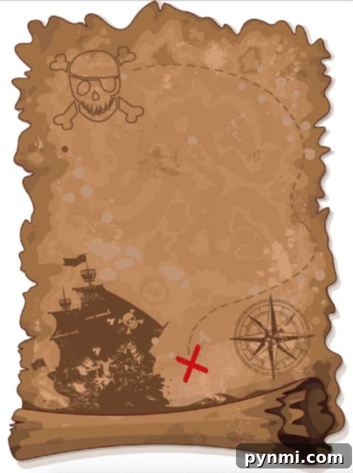 Free printable pirate treasure map for kids to celebrate Talk Like a Pirate Day. A weathered pirate treasure map with an X marking the spot, perfect for Talk Like a Pirate Day activities.