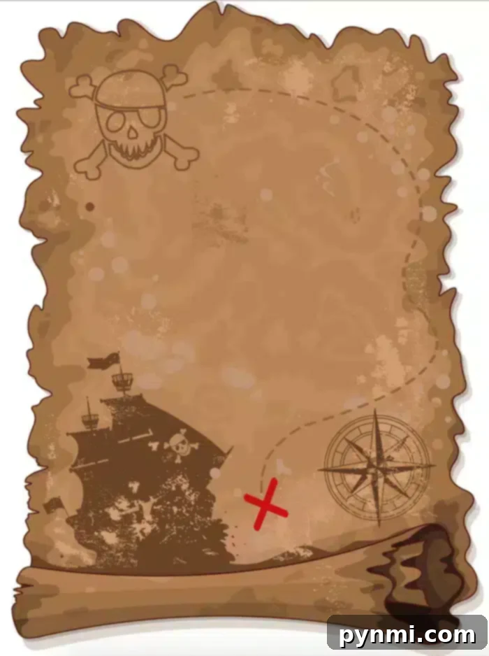 Epic Printable Treasure Hunt 4 A close-up of a free printable pirate map, ready for a treasure hunt.