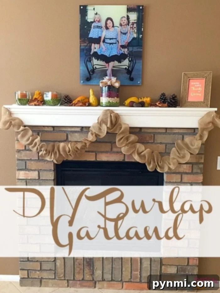 Rustic DIY Burlap Garland for Home Decoration Beautifully crafted DIY burlap garland draped over a fireplace mantel, ideal for Fall or Christmas decor.