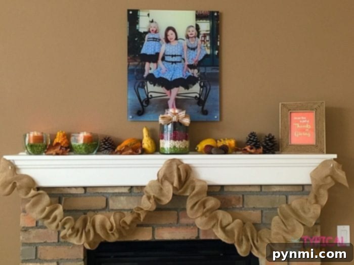 Finished Burlap Garland on a Festive Fall Mantel A festive Fall mantel decorated with a handmade burlap garland, autumn leaves, and other seasonal accents.