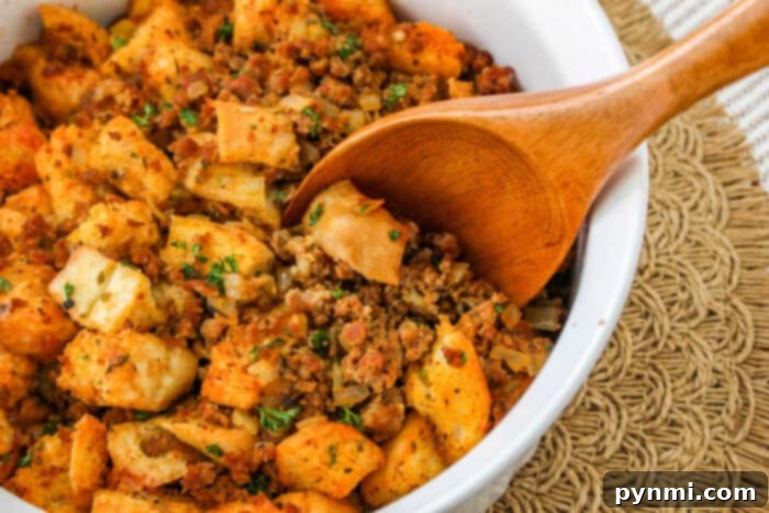 Robust Chorizo Stuffing 6 A wooden spoon scoops savory Chorizo Stuffing with bread cubes and herbs from a white dish.