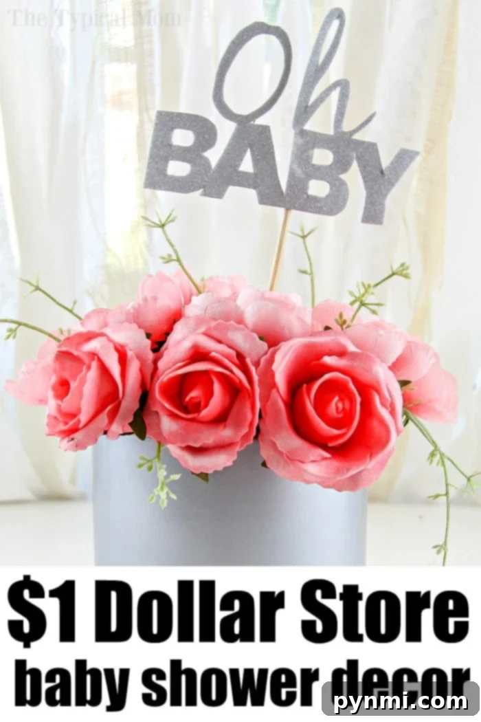 Stunning baby shower table centerpieces crafted from Dollar Store materials, proving that beautiful decor for boys or girls doesn't have to be expensive. #babyshower #decor #centerpieces #decorations #girl #boy #dollarstore #diy Gorgeous baby shower table centerpieces made from affordable Dollar Store materials, featuring flowers and decorative accents perfect for a boy or girl celebration.