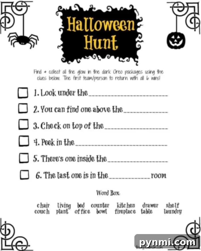 A Halloween Scavenger Hunt printable with festive clues and images.