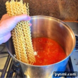 A hand gracefully holds uncooked pasta over a simmering pot of red sauce on the stove, capturing the essence of one-pot spaghetti perfection.
