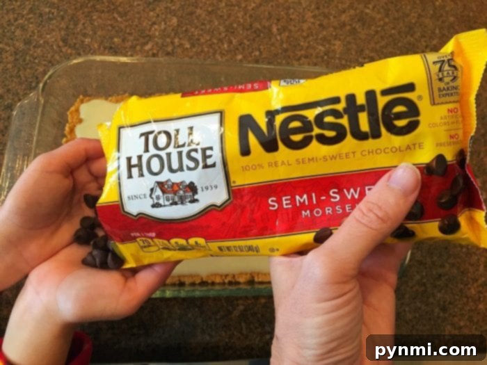 Layer of sweetened condensed milk over graham cracker crust for cookie bars.