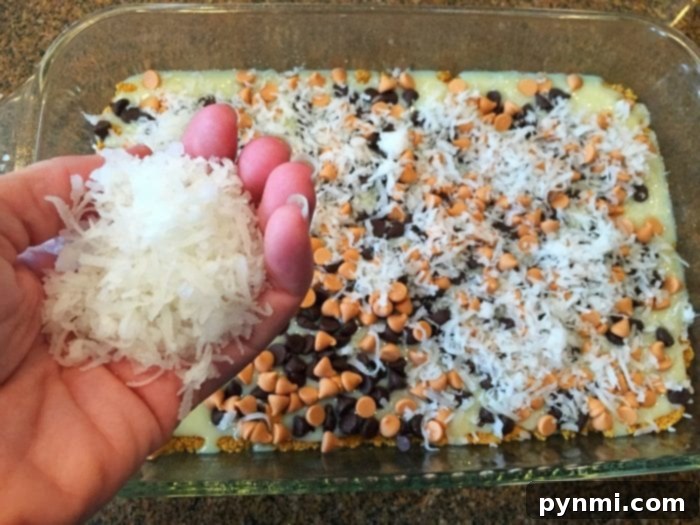 Layers of chocolate chips and other toppings on cookie bars.