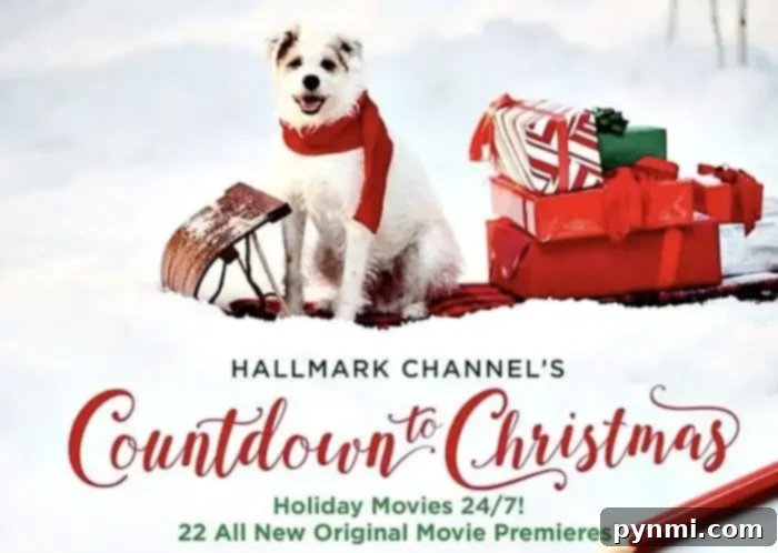 A charming white dog, adorned with a festive red scarf, sits patiently in a snowy landscape beside a sleigh overflowing with beautifully wrapped gifts. This idyllic winter scene captures the essence of holiday cheer and anticipation.