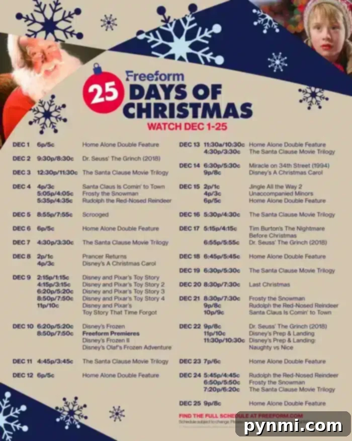 A festive December calendar proudly displays Freeform's '25 Days of Christmas' movie schedule. It clearly lists dates, times, and iconic movie titles such as 'Home Alone', 'Dr. Seuss' The Grinch', and the 'The Santa Clause' series. Adorned with delicate snowflakes and cheerful Santa Claus imagery, the schedule exudes a vibrant, festive ambiance, making it easy to plan your holiday viewing.