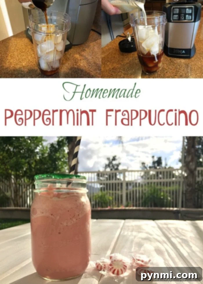 A close-up shot of the blended peppermint frappuccino in a glass, ready to be enjoyed. The rich, smooth texture promises a delightful treat.