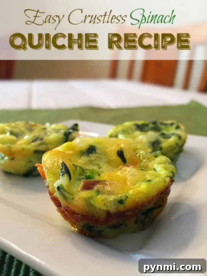 Mini crustless spinach quiches on a white plate with text Easy Crustless Spinach Quiche Recipe above. This simple and delicious crustless spinach quiche is perfect for breakfast, brunch, or a healthy snack.