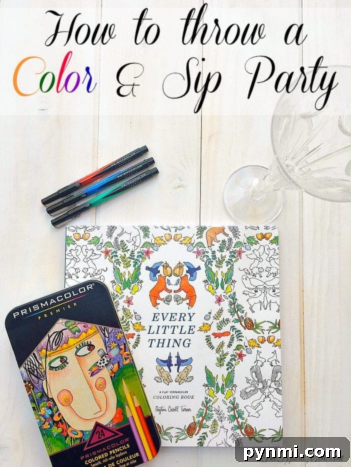 On a table sit a coloring book, colored pencils, and markers, ready for your creative gathering. Discover the art of hosting with our guide on how to throw a Color & Sip Party that promises fun and creativity.