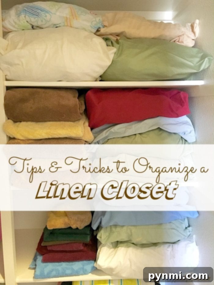 Organized linen closet with folded towels and neatly stored sheet sets
