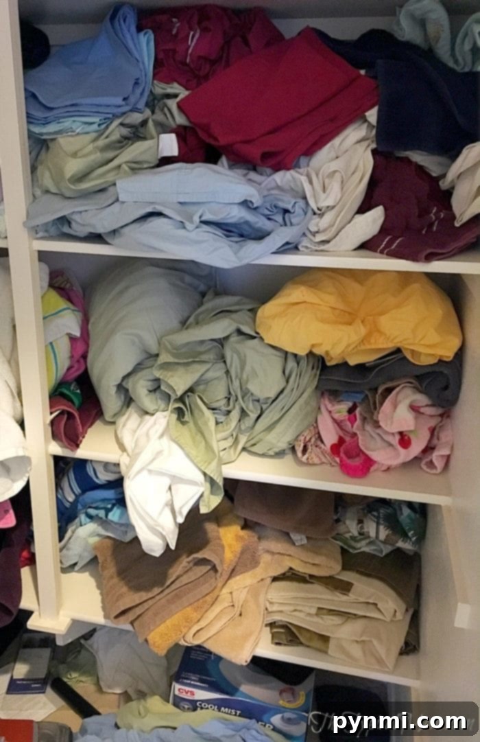 Before and after view of a messy linen closet being organized