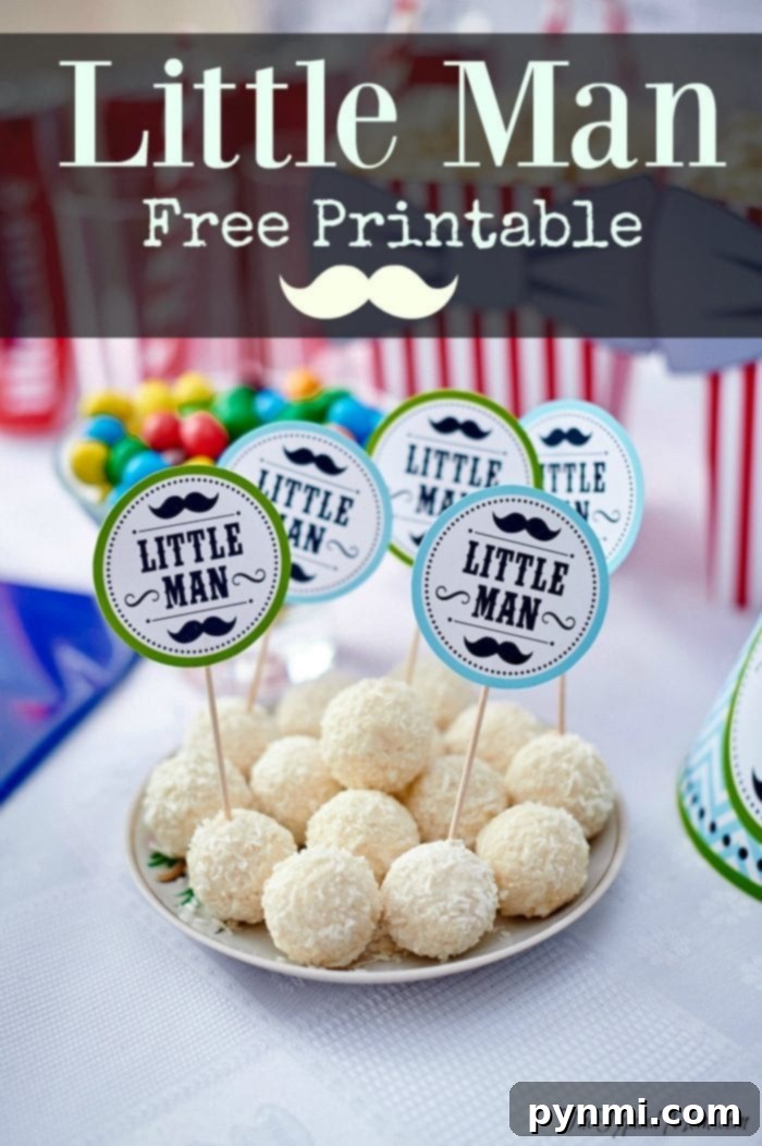 Collection of creative baby shower cake pops, featuring 'Little Man' designs with mustaches and bow ties, and 'Little Lady' designs with bows and pearls. The display shows a mix of blue and pink themed pops.